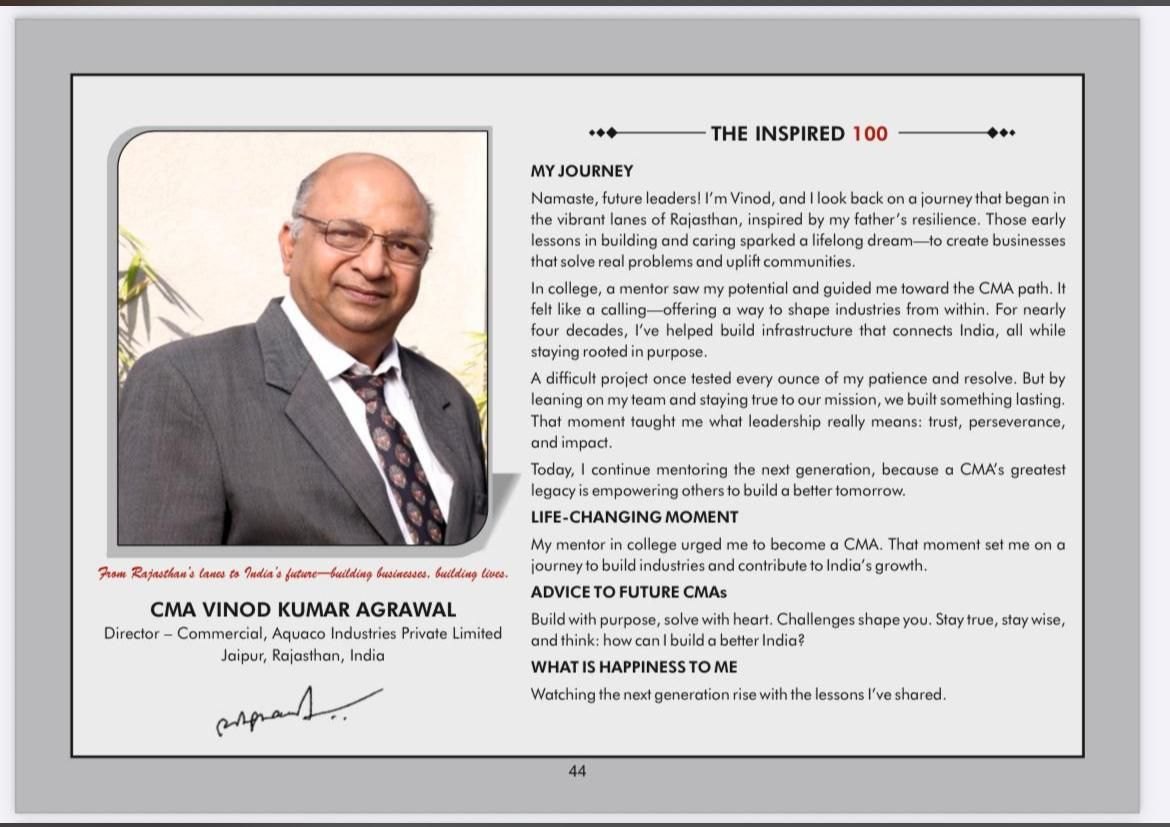 The Inspired 100, page 44: profile of CMA Vinod Kumar Agrawal, Director – Commercial, Aquaco Industries Private Limited, Jaipur
