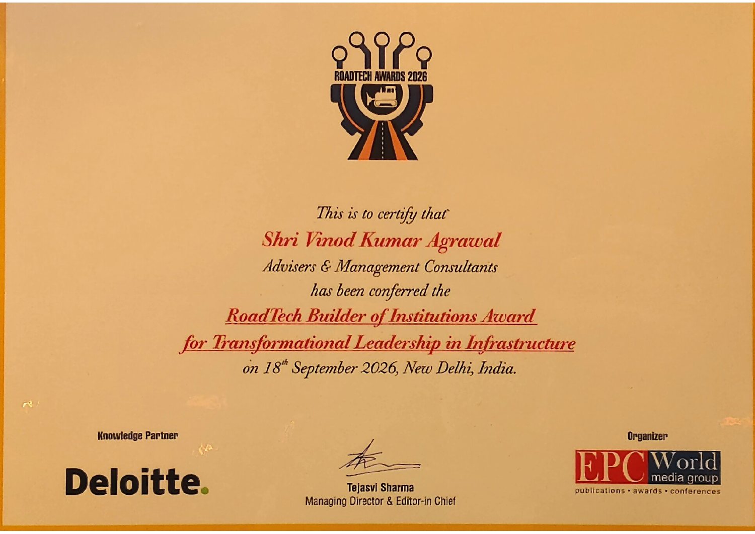 Certificate: RoadTech Builder of Institutions Award for Transformational Leadership in Infrastructure, conferred on Shri Vinod Kumar Agrawal, 18 September 2026, New Delhi
